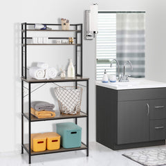 Rustic gray 5-tier industrial bakers rack with metal frame and wood shelves, used as microwave stand.