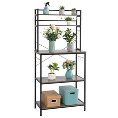 5-tier industrial bakers rack in rustic gray with shelves, hooks, and storage bins.