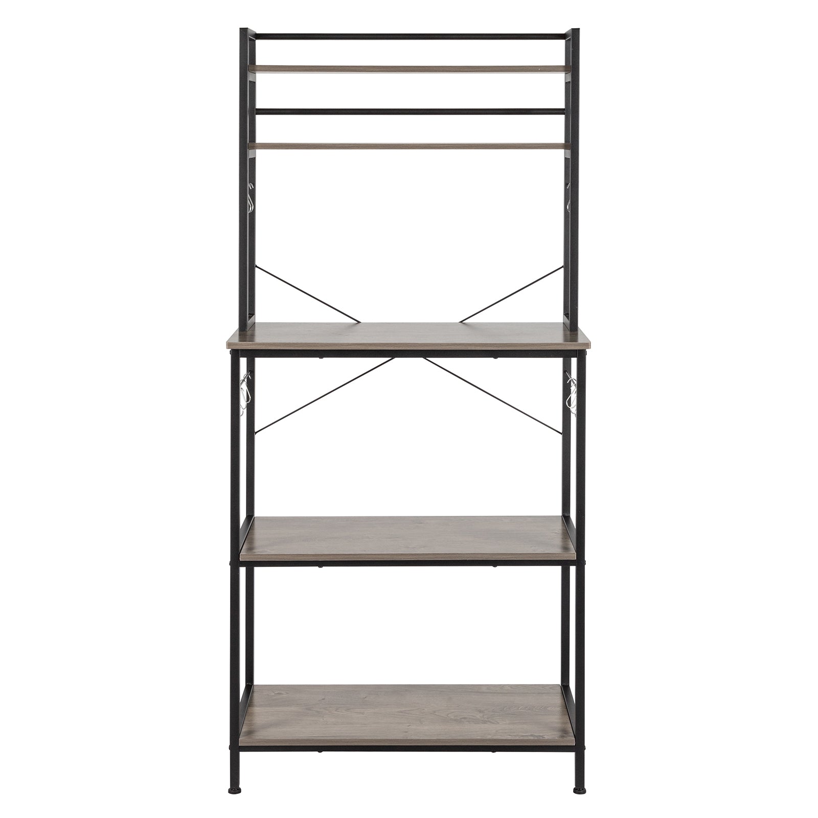 A 5-tier industrial bakers rack in rustic gray with wooden shelves and metal frame for microwave storage.
