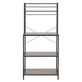 A 5-tier industrial bakers rack in rustic gray with wooden shelves and metal frame for microwave storage.