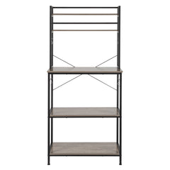 A 5-tier industrial bakers rack in rustic gray with wooden shelves and metal frame for microwave storage.