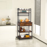 Rustic brown 5-tier industrial bakers rack with metal frame, shelves, drawers, and hooks in a kitchen.