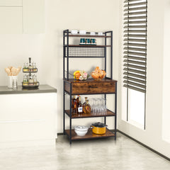 Rustic brown 5-tier industrial bakers rack with metal frame, shelves, drawers, and hooks in a kitchen.
