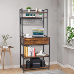 5-tier industrial bakers rack in rustic brown with black metal frame, shelves, drawers, and hooks.