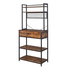5-tier industrial bakers rack in rustic brown with black metal frame, shelves, drawer, and hooks.