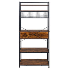 5-tier industrial bakers rack in rustic brown with black metal frame, shelves, drawer, and hooks.