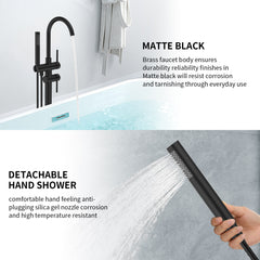 Matte black floor-mount bathtub faucet with a running spout and a detachable handheld shower.