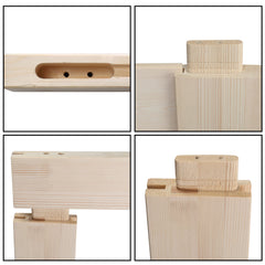 Four-panel diagram of unfinished solid spruce wood barn door showing mortise and tenon joints.