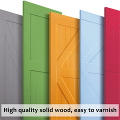 Unfinished solid spruce wood sliding barn door in 30 by 84 inches, shown in multiple colors.