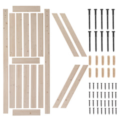 Unfinished solid spruce wood sliding barn door kit, 30 by 84 inches, with panels, nails, and dowels.