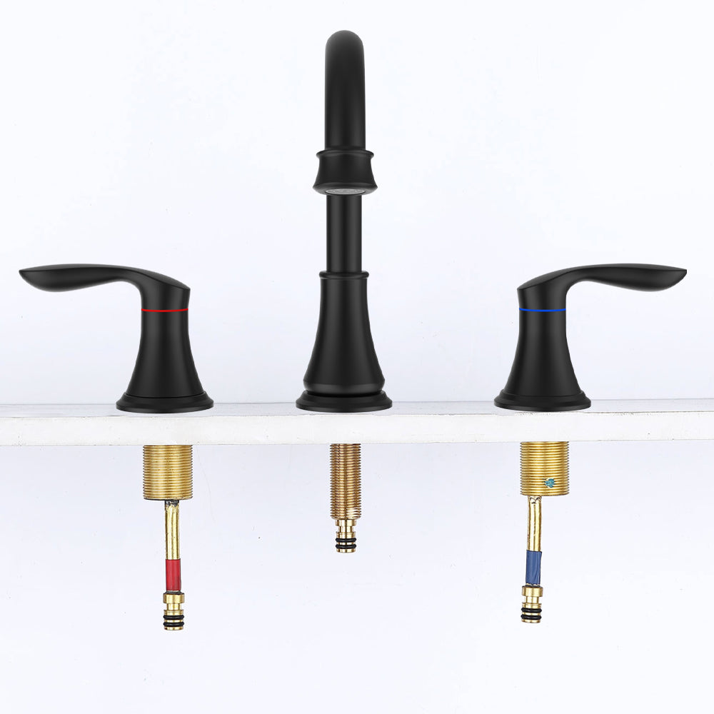 Matte black 2-handle 8-inch widespread bathroom faucet with brass base and color-coded hoses.