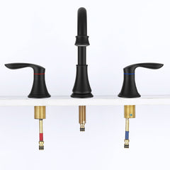 Matte black 2-handle 8-inch widespread bathroom faucet with brass base and color-coded hoses.