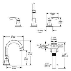 Line drawing of Bostome 2-handle 8-inch widespread bathroom faucet in matte black with dimensions.