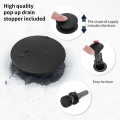 Matte black 2-handle 8-inch widespread bathroom faucet with pop-up drain stopper.