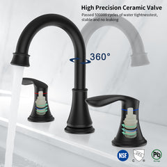 Matte black 2-handle 8-inch widespread bathroom faucet with swivel spout and water flow.