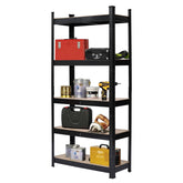 Black 5-tier heavy duty metal garage shelving unit with tools on shelves.