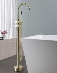 Brushed gold freestanding floor-mount bathtub faucet with arched spout and handheld shower.