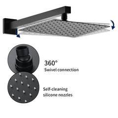 Matte black wall-mounted shower system with 10-inch rain head and 360-degree swivel connection.