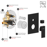 Matte black NPT male shower system with 10-inch rain head and pressure balance valve.