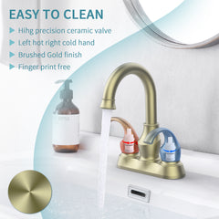 Brushed nickel 2-handle bathroom faucet with 360-degree swivel spout on a sink.