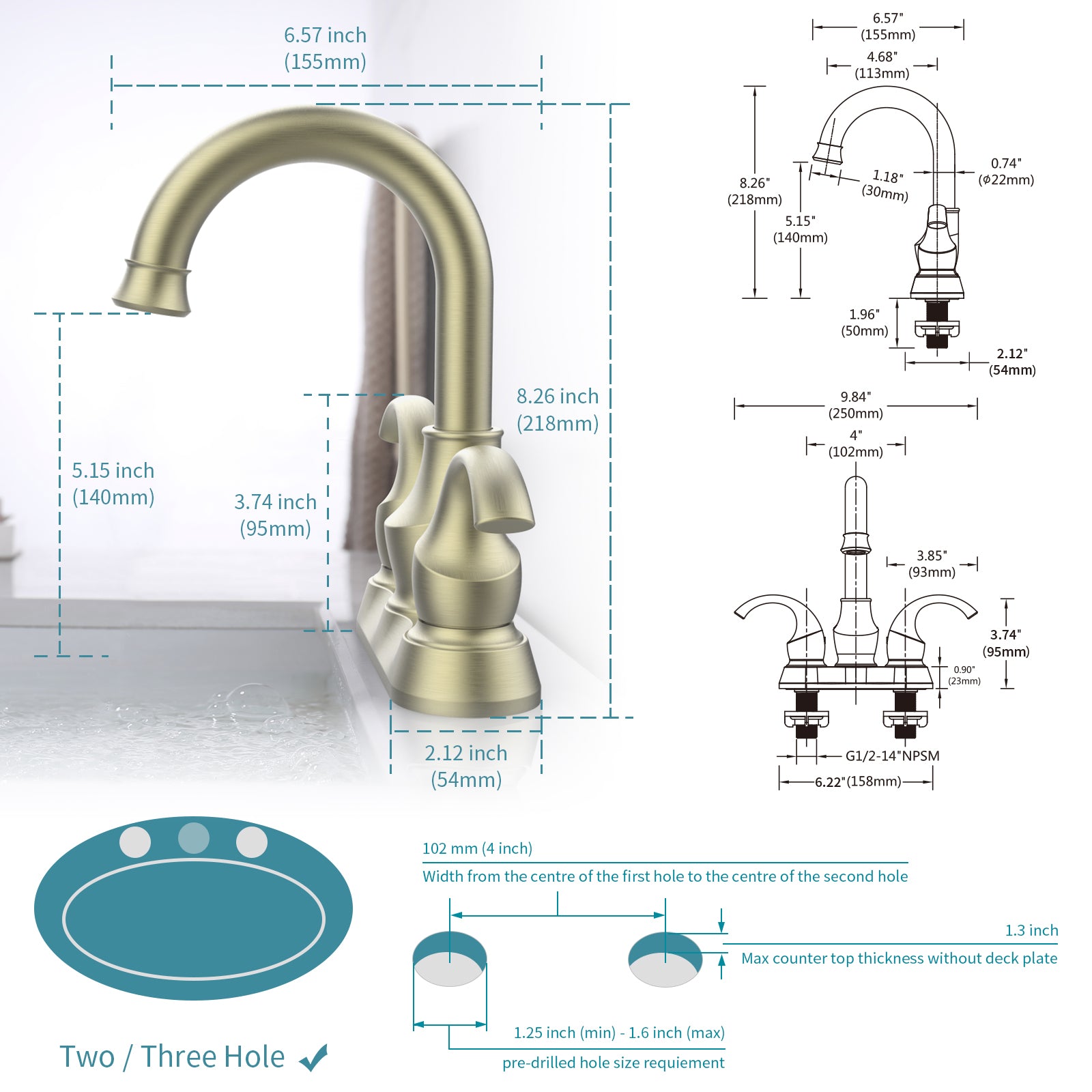 Brushed nickel 2-handle bathroom faucet with 360-degree swivel spout and centerset design.