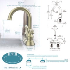 Brushed nickel 2-handle bathroom faucet with 360-degree swivel spout and centerset design.