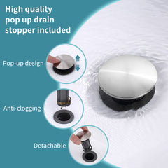 Brushed nickel 2-handle centerset bathroom faucet with pop-up drain assembly.