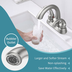 Brushed nickel 2-handle centerset bathroom faucet with pop-up drain, showing water flow into a glass.