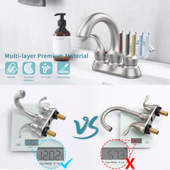 Brushed nickel 2-handle centerset bathroom faucet with pop-up drain, shown with multi-layer construction and weight comparison.