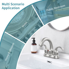 Brushed nickel 2-handle centerset bathroom faucet with pop-up drain on a white sink.