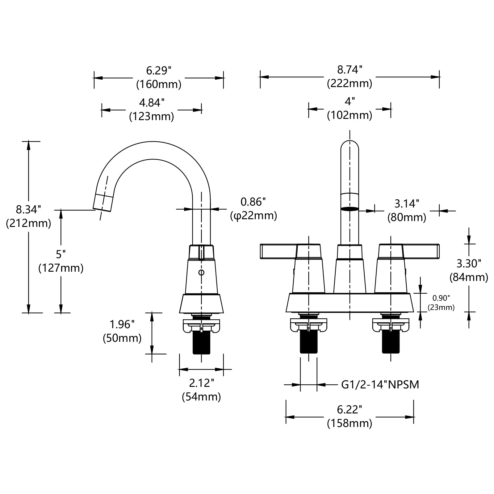 Technical drawing of oil rubbed bronze 2-handle bathroom sink faucet with 360 swivel spout and dimensions.