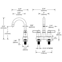 Technical drawing of oil rubbed bronze 2-handle bathroom sink faucet with 360 swivel spout and dimensions.