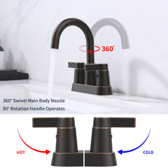 Oil rubbed bronze 2-handle bathroom sink faucet with 360-degree swivel spout.