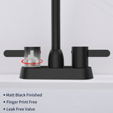 Matte black 2-handle centerset bathroom sink faucet with leak-free valve.