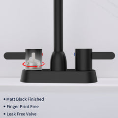 Matte black 2-handle centerset bathroom sink faucet with leak-free valve.