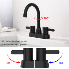 Matte black 2-handle centerset bathroom sink faucet with 360-degree swivel spout and 90-degree rotating handles.