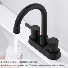 A matte black two-handle centerset bathroom sink faucet with water flowing into a glass.