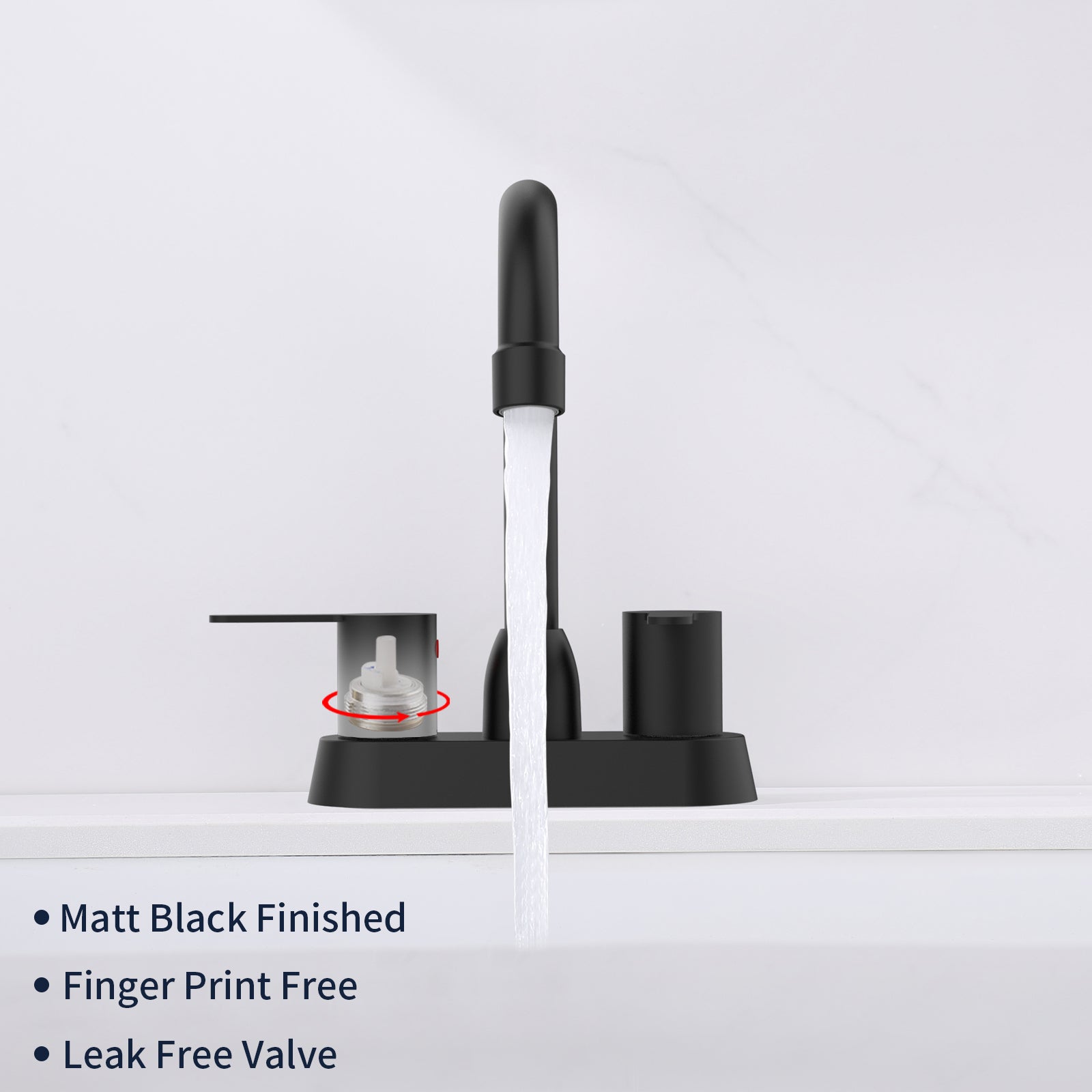 Matte black 2-handle centerset bathroom faucet with water flow.
