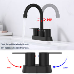 Matte black 2-handle centerset bathroom faucet with 360-degree swivel spout and 90-degree rotating handles.