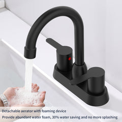 Matte black 2-handle centerset bathroom faucet with detachable aerator.
