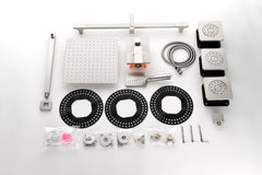 Bostome shower system with rainfall head, 3 bodysprays, hand shower, dual lever handles, and chrome fittings.