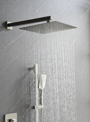 Bostome shower system with rainfall head, handheld sprayer, three bodysprays, and dual lever handles in chrome.