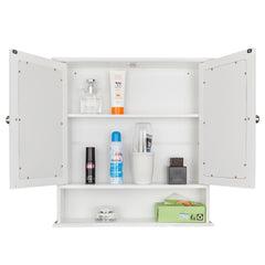 White double-door mirror wall-mounted bathroom cabinet with open doors and shelves.