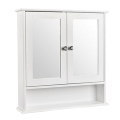 White double-door mirror wall-mounted bathroom cabinet with shelf.