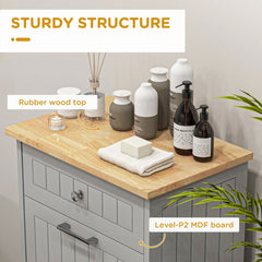 Gray kitchen tilt-out trash bin cabinet with drawer, rubber wood top, and P2 MDF board structure.