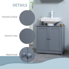 Grey MDF bathroom vanity cabinet with painted surface, vertical lines, and round knobs on two doors.