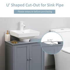 Grey MDF bathroom vanity cabinet with two doors, adjustable shelf, and U-shaped cut-out for sink pipe, measuring 8.75 inches deep.