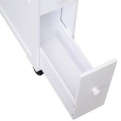 White portable bathroom side storage cabinet with open shelf, two drawers, and casters.