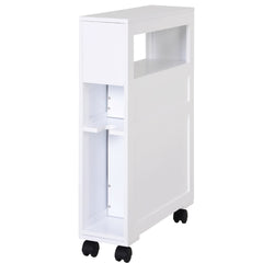 White portable bathroom side storage cabinet with drawers, open shelf, and casters.