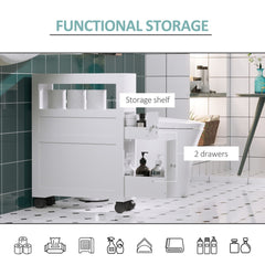 White portable bathroom side storage cabinet with open shelf, two drawers, and casters.